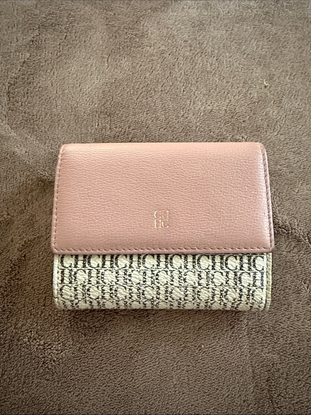 Carolina Herrera Dusty Pink and Beige Monogram Compact Wallet